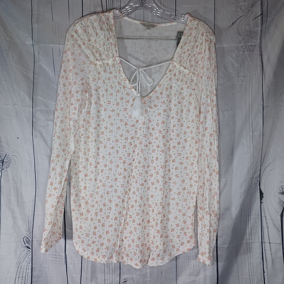 Lucky Brand White Calico Floral Long Sleeve Peasant Top w/ Tassel Tie Size M - Picture 1 of 14